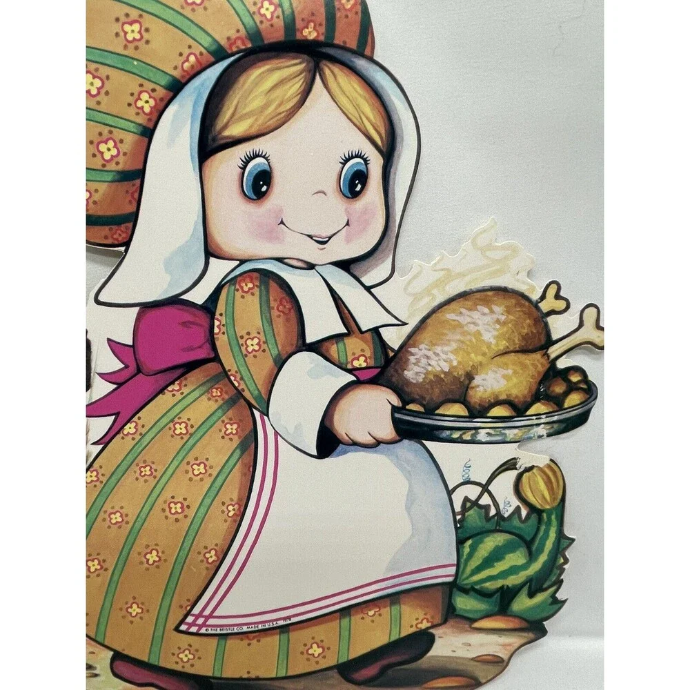 Vintage Beistle 1978 Thanksgiving Die Cut Pilgrim Girl Cardboard Decoration